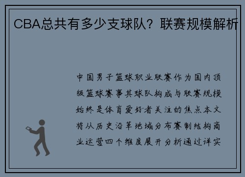 CBA总共有多少支球队？联赛规模解析