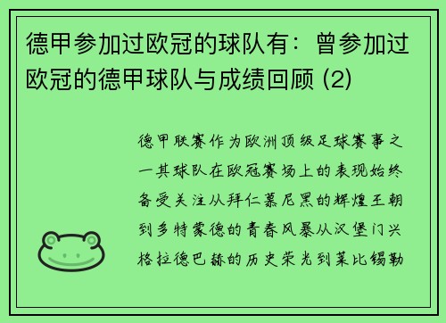 德甲参加过欧冠的球队有：曾参加过欧冠的德甲球队与成绩回顾 (2)